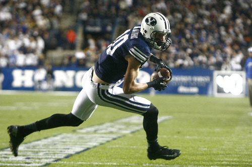 Chris Detrick  |  The Salt Lake Tribune
Brigham Young Cougars wide receiver Mitch Mathews (10) runs the ball during the first half of the game at LaVell Edwards Stadium Friday September 27, 2013. BYU is winning the game 23-10 at halftime.